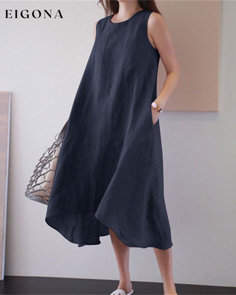 Cotton linen sleeveless solid color dress Dark blue 23BF Casual Dresses Clothes Cotton and Linen Dresses Spring Summer