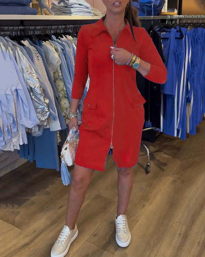 Lapel Solid Color Zipper Long Sleeve Dress