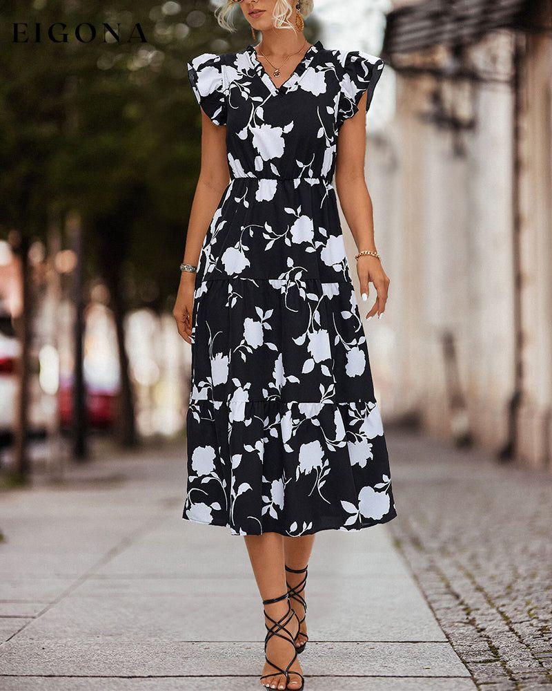 Floral print dress with ruffled sleeves Black 23BF Casual Dresses Clothes Dresses Spring Summer