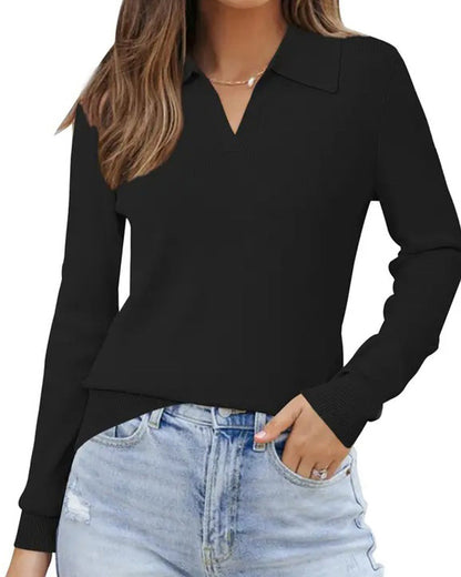 Lapel V-Neck Solid Fitted Top