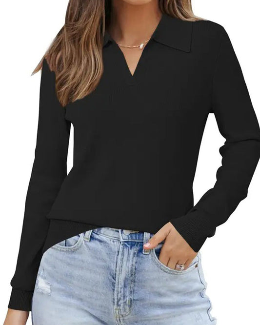 Lapel V-Neck Solid Fitted Top spring summer tops
