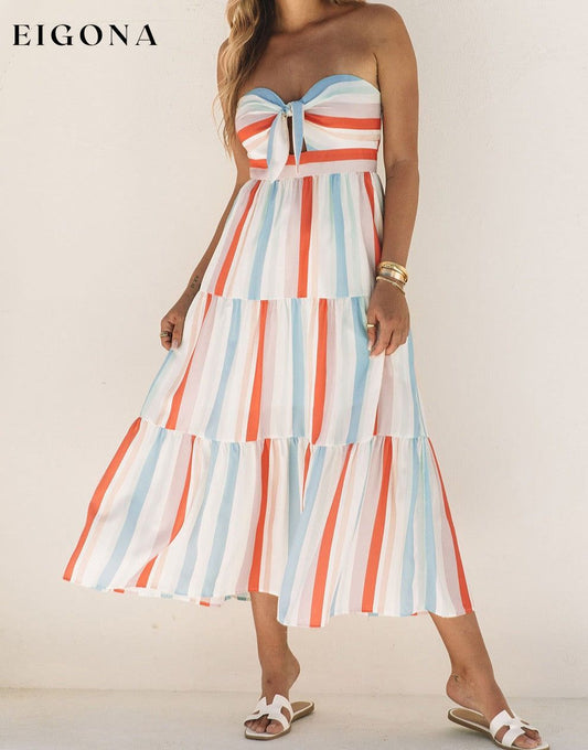 Multicolor Striped Tie Decor Strapless Tiered Maxi Dress Multicolor 100%Cotton casual dress casual dresses clothes Collar One Shoulder DL Exclusive dress dresses midi dress Occasion Vacation Print Color Block Season Summer Sleeve Sleeveless Style Casual