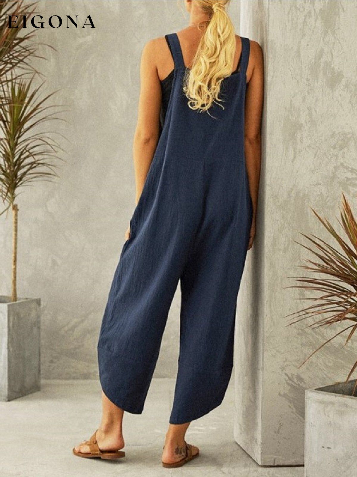 Women's Casual Pure Color Ankle-Length Overalls cotton linens