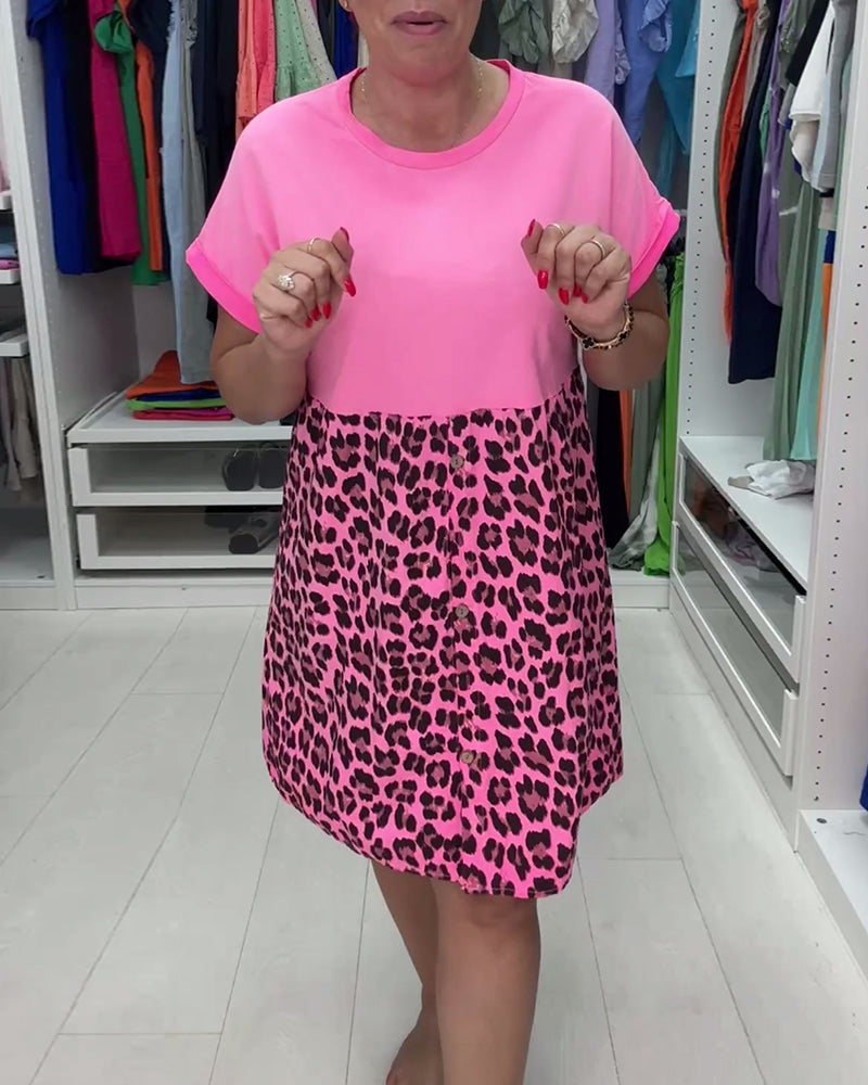 Casual contrast color leopard print short sleeve loose dress