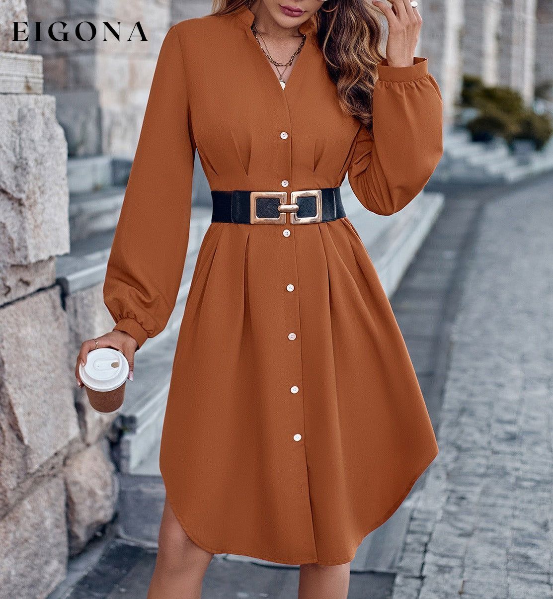 Notched Neck Long Sleeve Dress Brick Red casual dresses clothes dress dresses long sleeve dress long sleeve dresses S.N Ship From Overseas short dresses trend