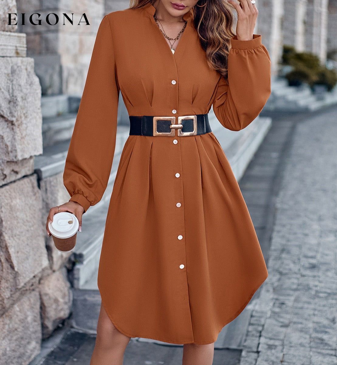 Notched Neck Long Sleeve Dress casual dresses clothes dress dresses long sleeve dress long sleeve dresses S.N Ship From Overseas short dresses trend