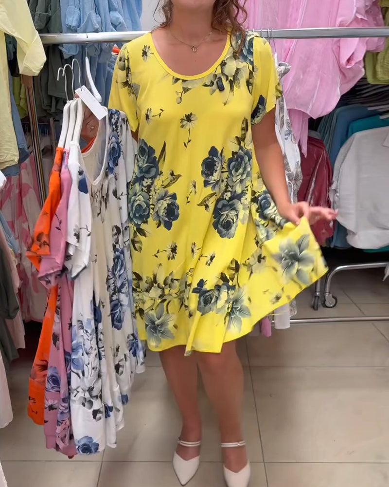 Crew Neck Floral A-Line Dress