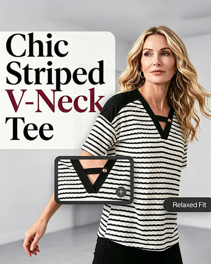 Hollow Out Striped Short Sleeve T-Shirt
