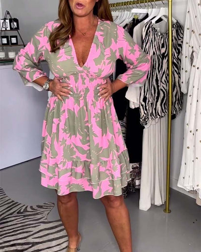 Leaf print deep V bell sleeve dress casual dresses spring summer