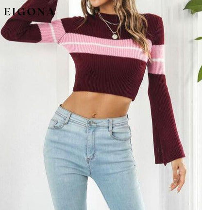 Ribbed Color Block Round Neck Cropped Sweater B&S clothes Ship From Overseas