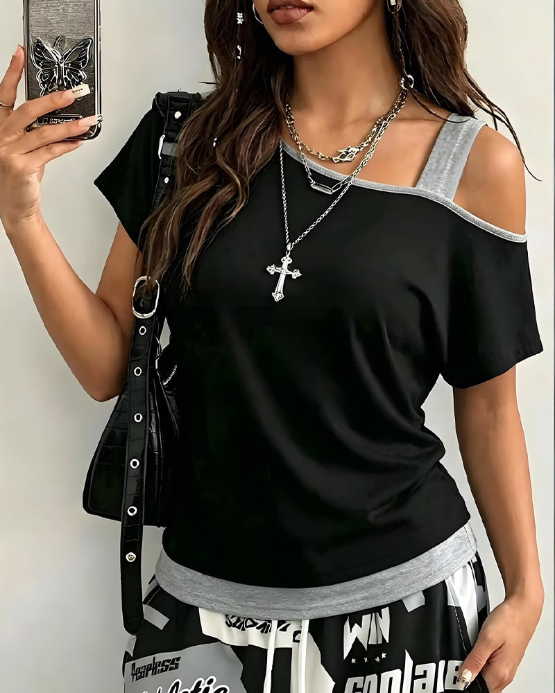 One-Shoulder Color Block Casual T-Shirt