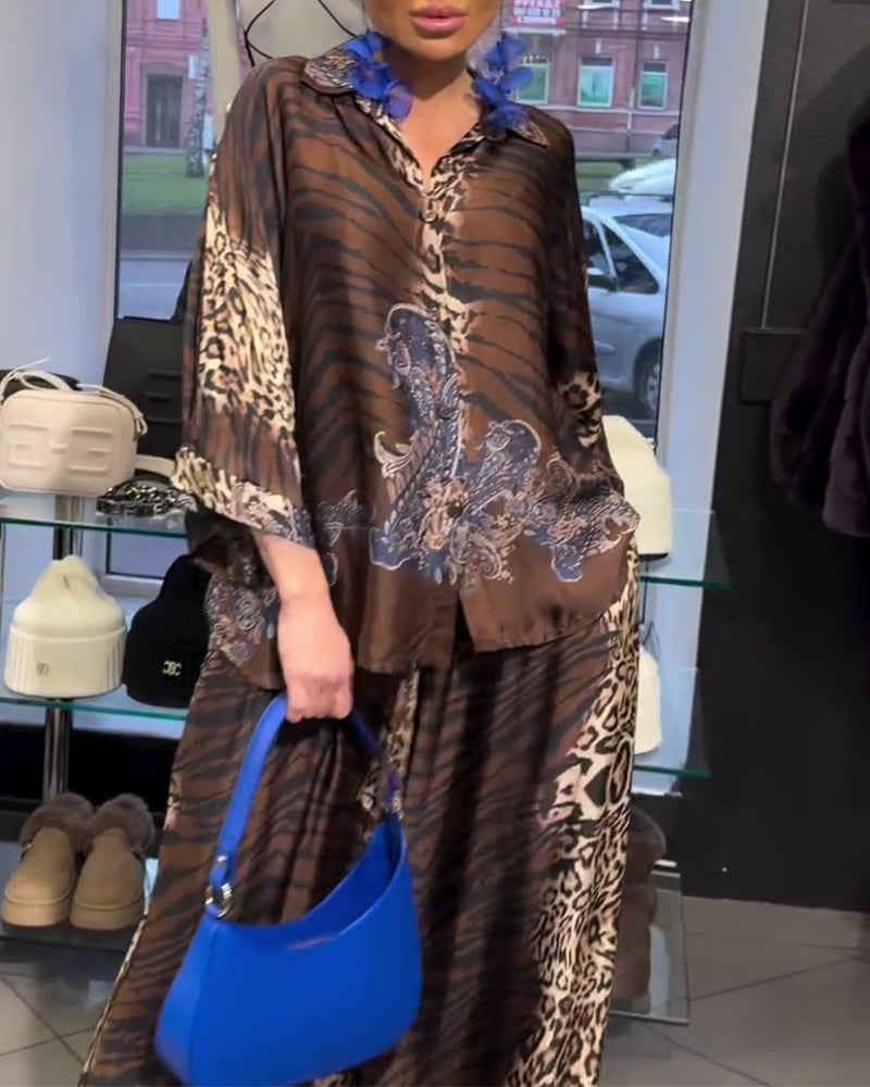 Stylish Leopard Print Wide-Leg Pants Set