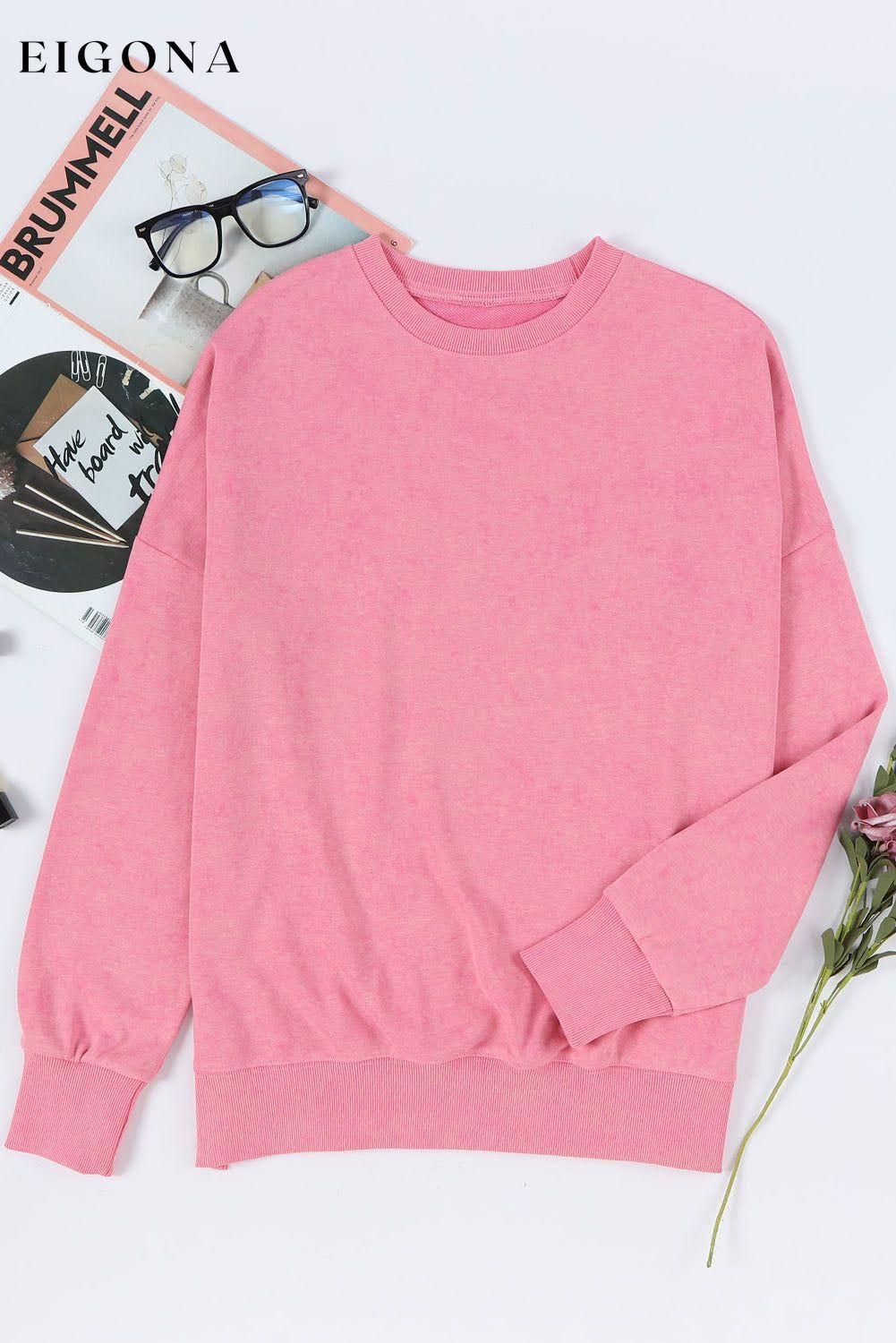 Pink Drop Shoulder Ribbed Trim Oversized Sweatshirt All In Stock Best Sellers clothes Day Valentine's Day DL Chic DL Exclusive Early Fall Collection EDM Monthly Recomend Occasion Daily Print Solid Color Season Winter Style Casual sweater sweaters