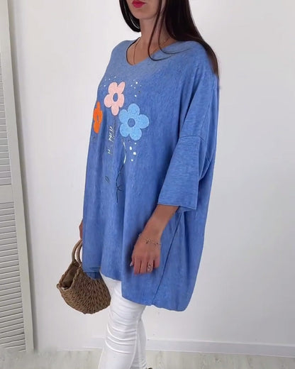 Casual floral print V-neck loose top 2024 f/w blouses & shirts spring