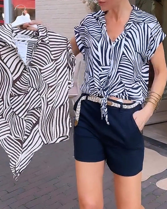 Zebra Print Lapel Short Sleeve Blouse blouses & shirts spring summer