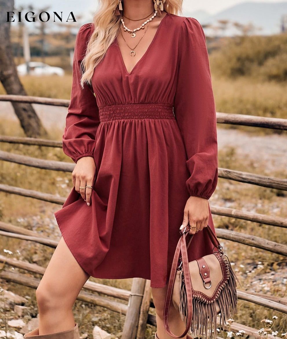 V-Neck Long Sleeve Smocked Waist Mini Dress casual dress casual dresses clothes dress dresses long sleeve dress long sleeve dresses mini dress S.N Ship From Overseas