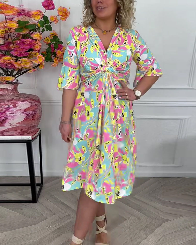 Colorblock Floral Twist Vacation Dress