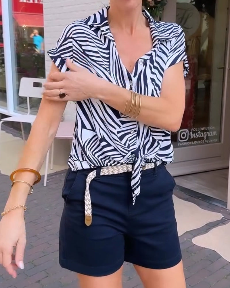 Zebra Print Lapel Short Sleeve Blouse