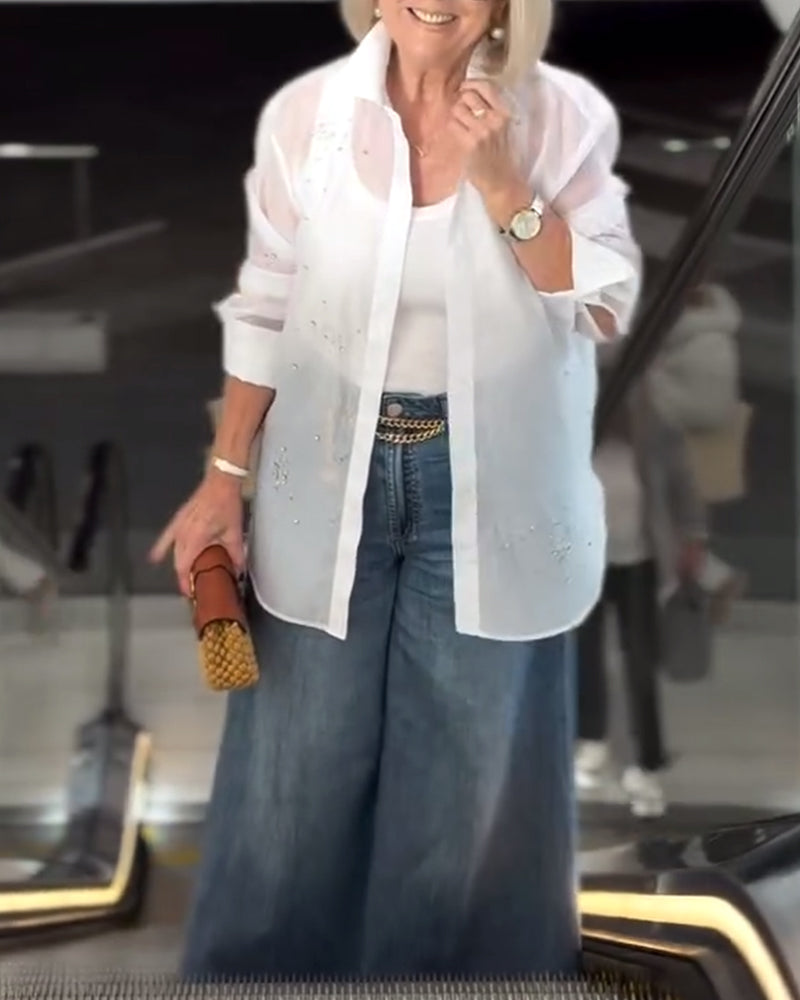 Camicia con risvolto alla moda in tinta unita