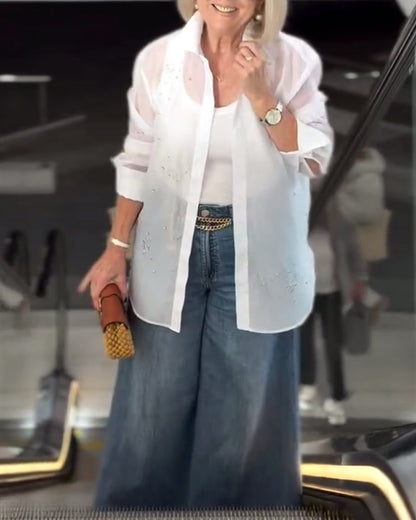 Camicia con risvolto alla moda in tinta unita