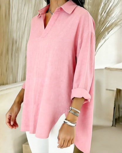Slit-Hem Solid-Color V-Neck Shirt