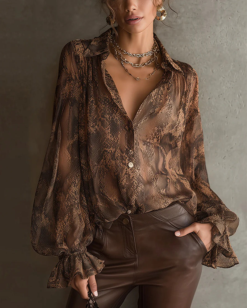 Fashionable Flounce Sleeve Printed Blouse