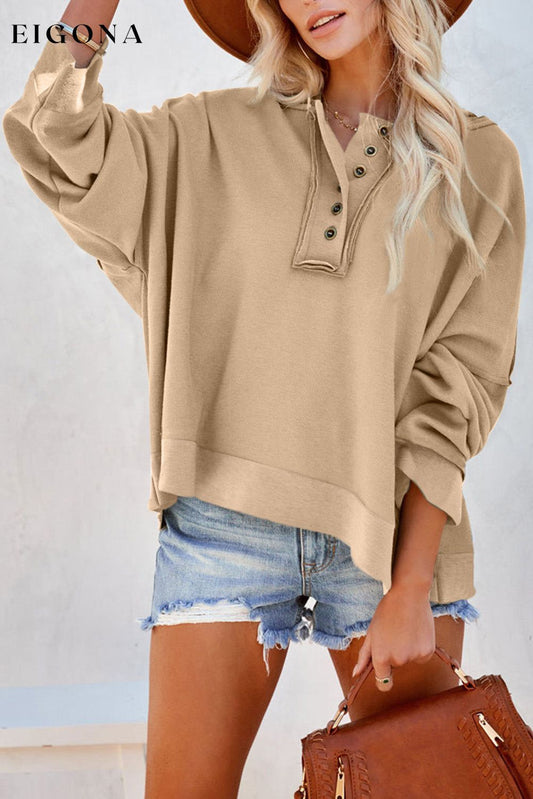 Casual Button Solid Patchwork Trim Hoodie Khaki 56%Cotton+44%Polyester All In Stock clothes Color Khaki Craft Patchwork long sleeve shirts long sleeve top Occasion Daily Print Solid Color Season Fall & Autumn Style Casual Sweater sweaters Sweatshirt