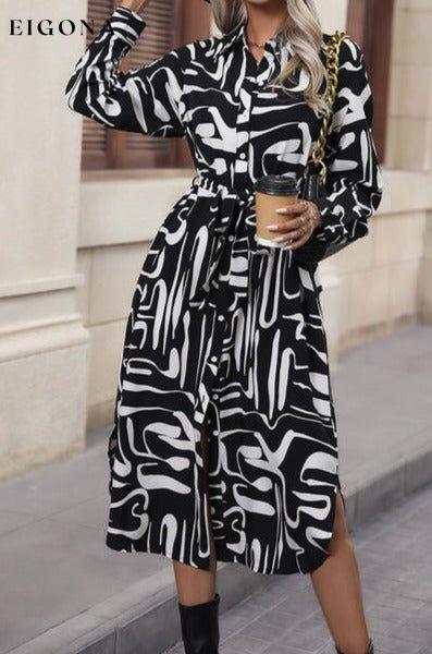 Printed Tie Front Collared Neck Slit Shirt Dress clothes Hundredth Ship From Overseas
