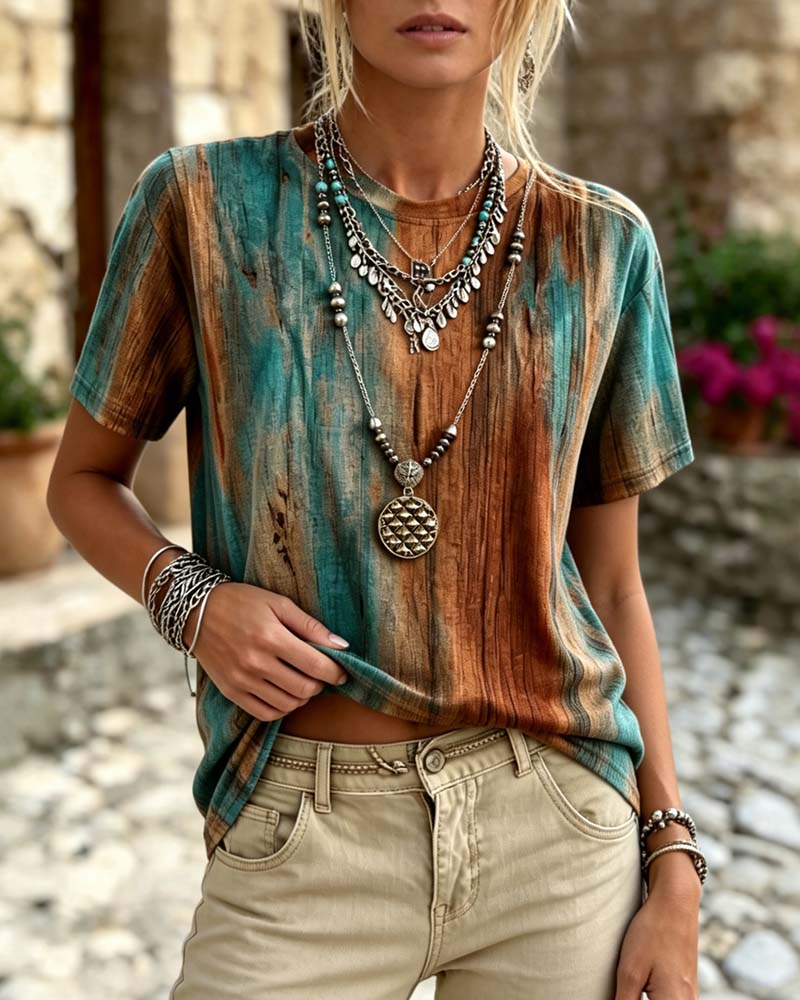 Crew Neck Color Block Striped T-Shirt