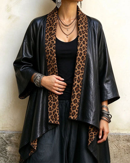 Three-Quarter Sleeve Leopard Print Irregular Coat
