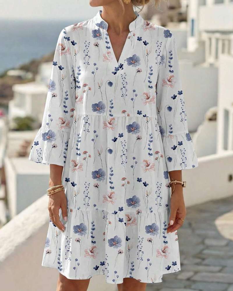 V-Neck Floral Print Midi Dress