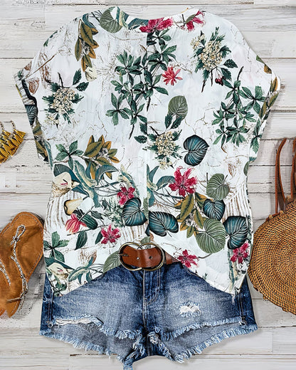 V-Neck Botanical Print Casual Blouse