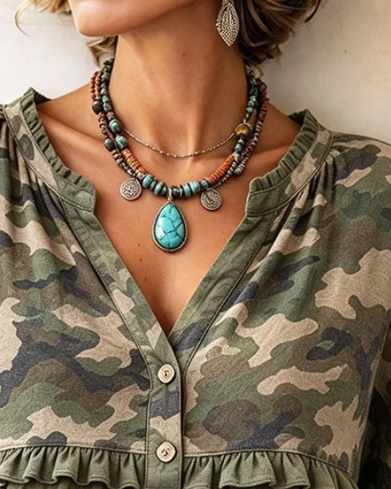 Camo Patchwork Ruffle Trim V-Neck Top 2024 f/w blouses & shirts