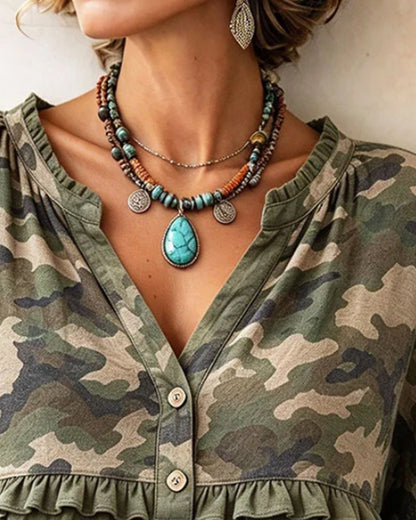 Camo Patchwork Ruffle Trim V-Neck Top 2024 f/w blouses & shirts