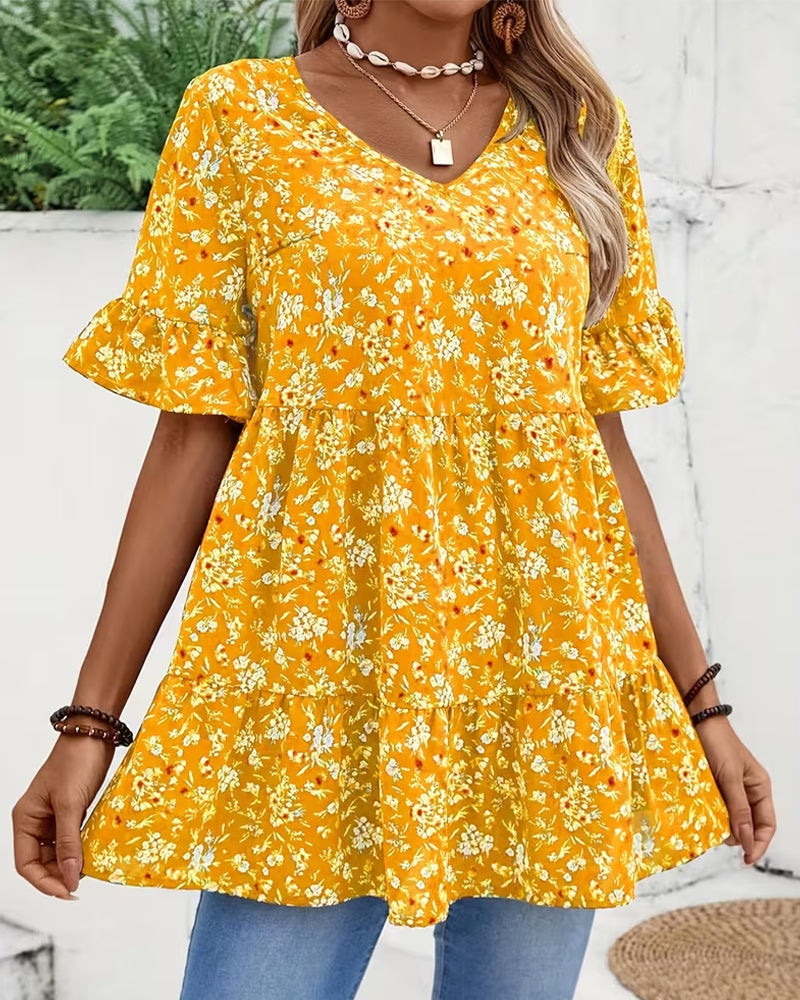 V-Neck Flutter Sleeve Floral Blouse