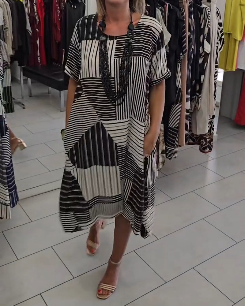 Crew Neck Stripe Pocket Dress