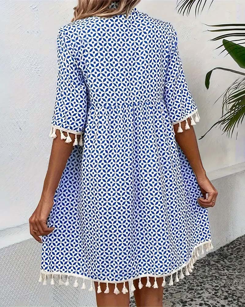 V-neck tassel print dress casual dresses summer