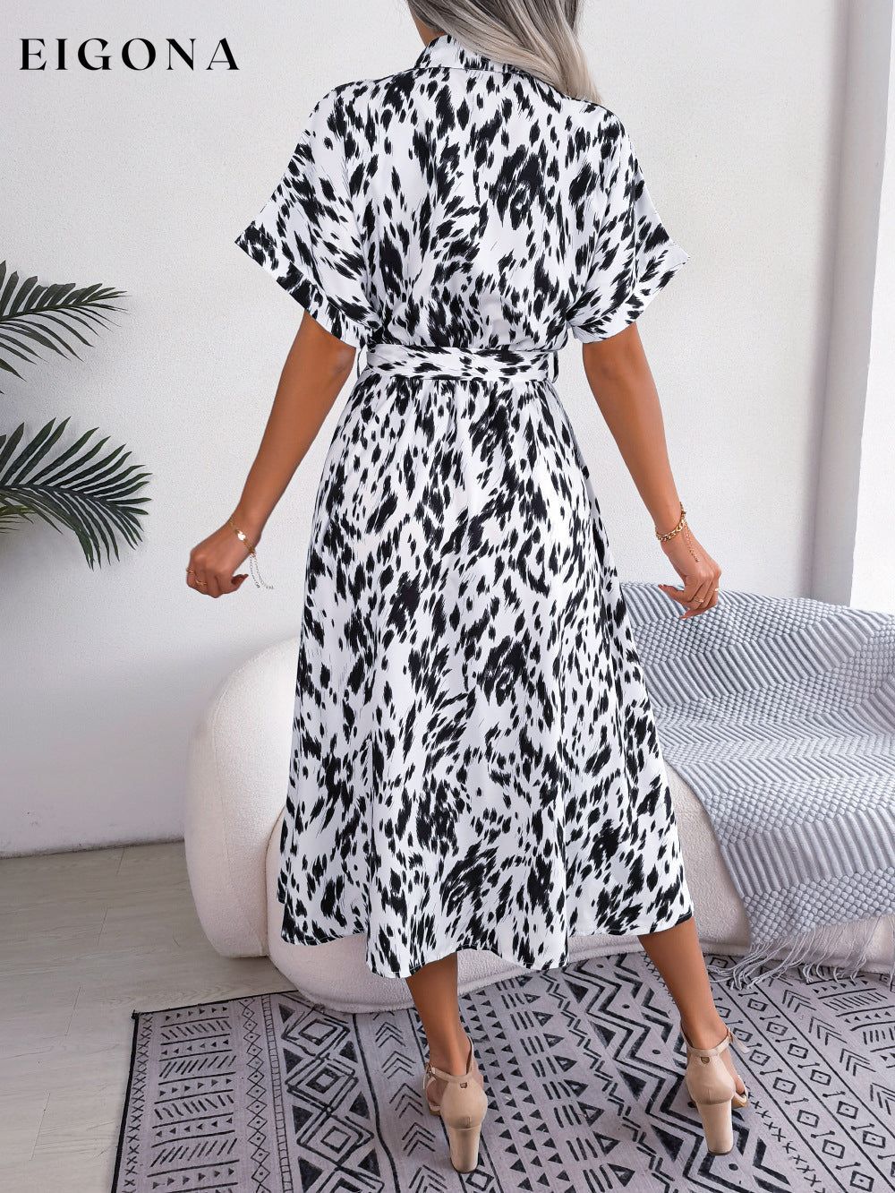 Printed Collared Neck Short Sleeve Tie Waist Dress B.J.S casual dress casual dresses clothes dress dresses midi dress Ship From Overseas short sleeve short sleeve dress