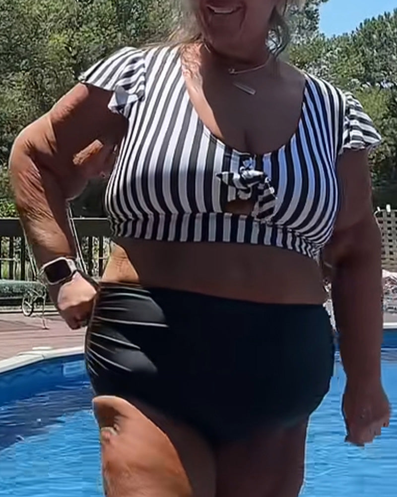 Striped Flutter Sleeve U-Neck Bikini