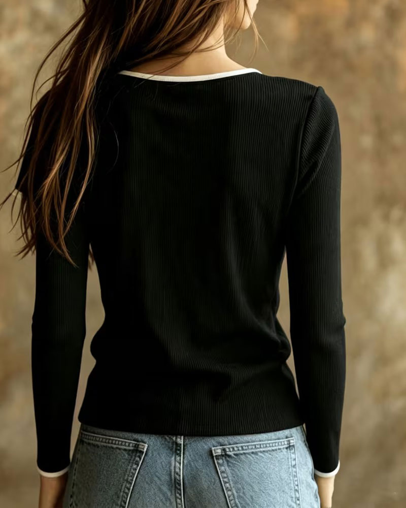 V-Neck Contrast Color Long-Sleeved Knit Top
