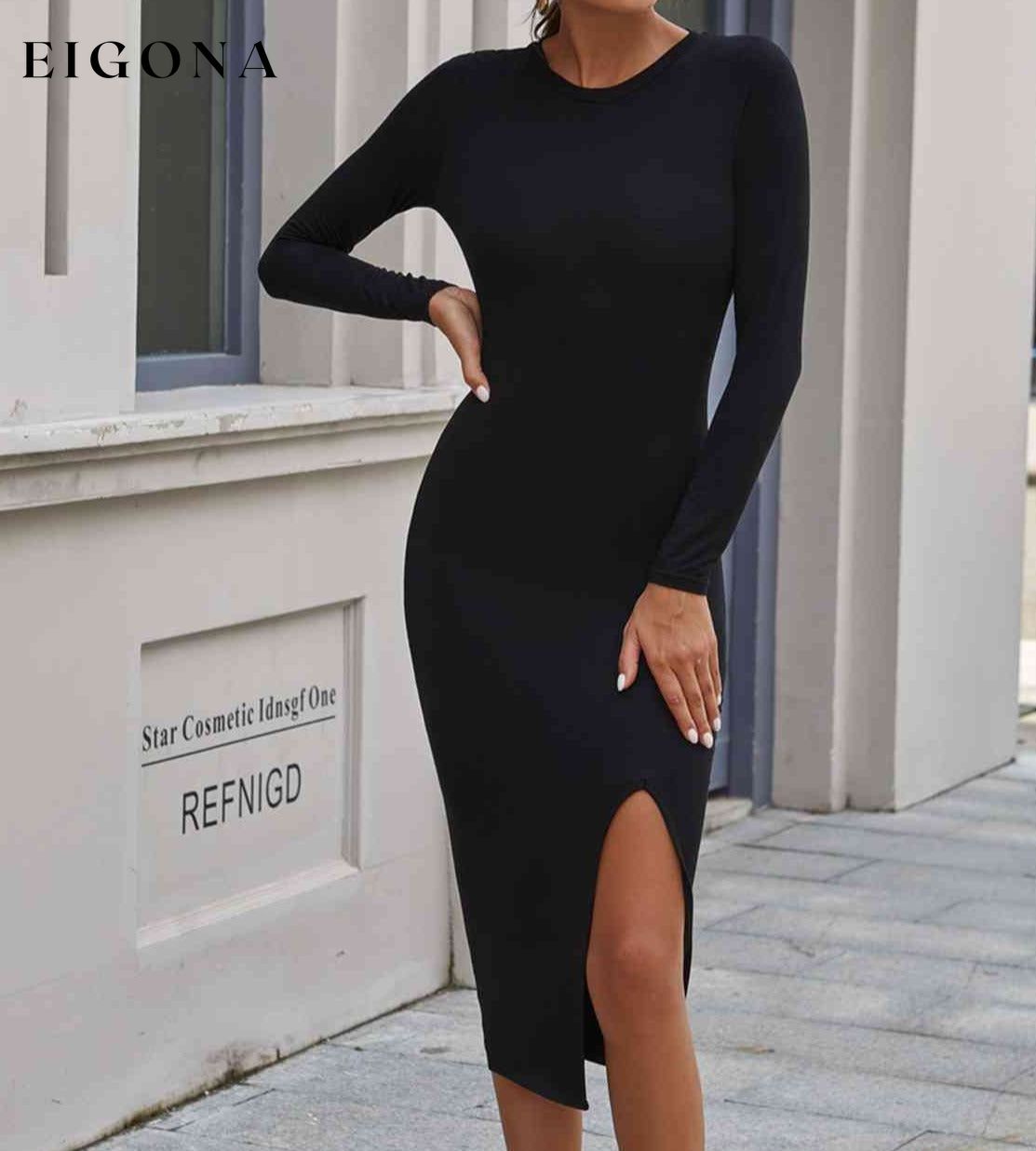 Long Sleeve Round Neck Slit T Shirt Midi Dress Black casual dress casual dresses clothes dress dresses long sleeve dress long sleeve dresses Ship From Overseas Shipping Delay 09/29/2023 - 10/01/2023 Y@X@N@H