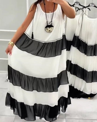 Round Neck Sleeveless Color Block Dress