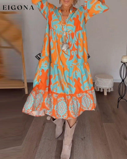 Printed Loose Ruffle Dress Orange 23BF casual dresses Clothes Dresses Fall spring