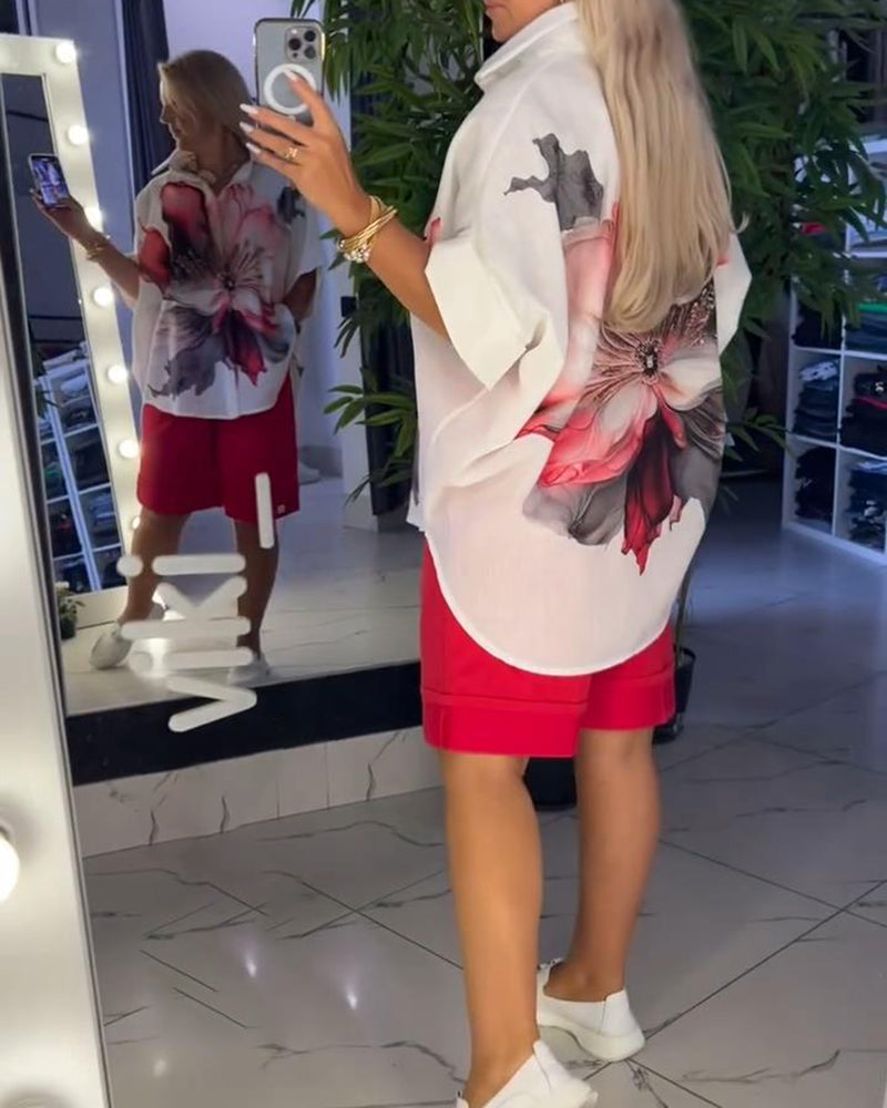 Lapel Large Flower Print Half Sleeve Blouse