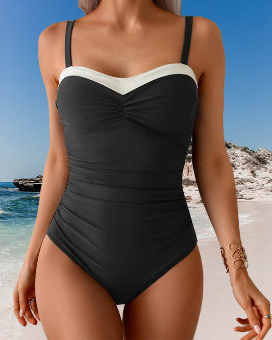 Contrast Color Suspender One-Piece Swimsuit