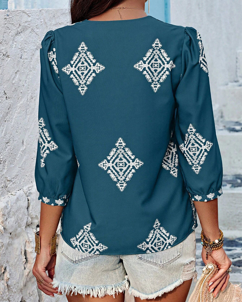 V-Neck Diamond Print Three-Quarter Sleeve Blouse blouses & shirts summer