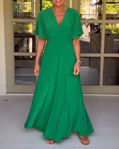 Elegant, pleated maxi dress with a deep V-neckline and batwing sleeves 3XL casual dresses party dresses summer