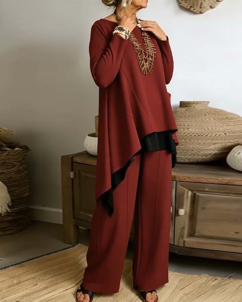 Irregular Long-Sleeved Top And Straight-Leg Pants Set