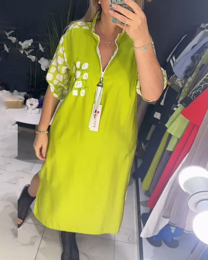 Half Zipper Printed Irregular Slit Dress