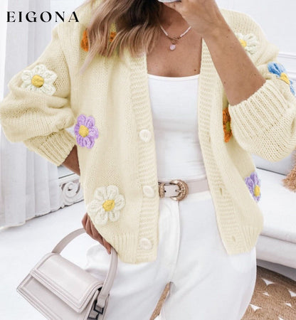 Beige Cute Flower Embellished Buttoned Cardigan Sweater All In Stock cardigan cardigans clothes Craft Embroidery Print Vintage Floral Season Winter Sweater sweaters Sweatshirt